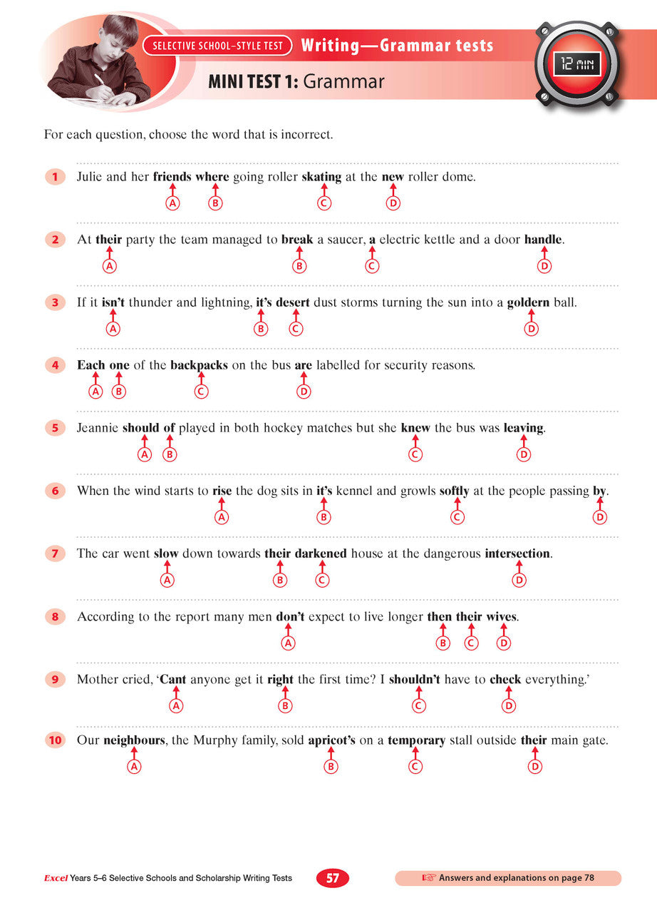 Sample interior page from the Excel Selective Schools and Scholarship Writing Tests Years 5-6 workbook showing practice test material, as shown in the Pascal Press gallery