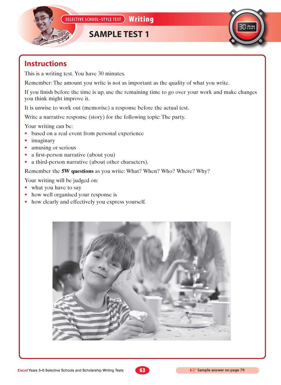 Sample interior page from the Excel Selective Schools and Scholarship Writing Tests Years 5-6 workbook showing practice test material, as shown in the Pascal Press gallery