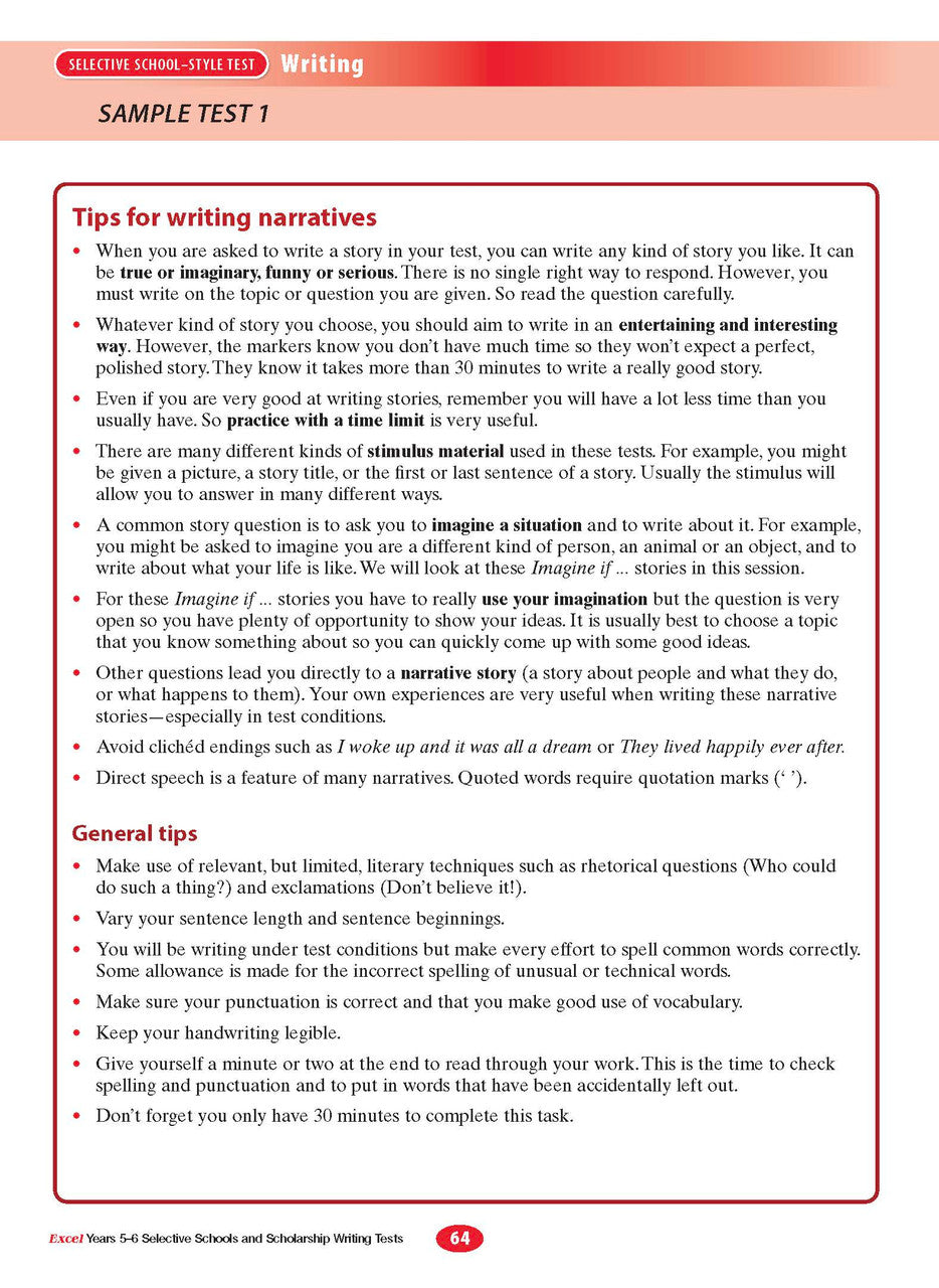 Sample interior page from the Excel Selective Schools and Scholarship Writing Tests Years 5-6 workbook showing practice test material, as shown in the Pascal Press gallery