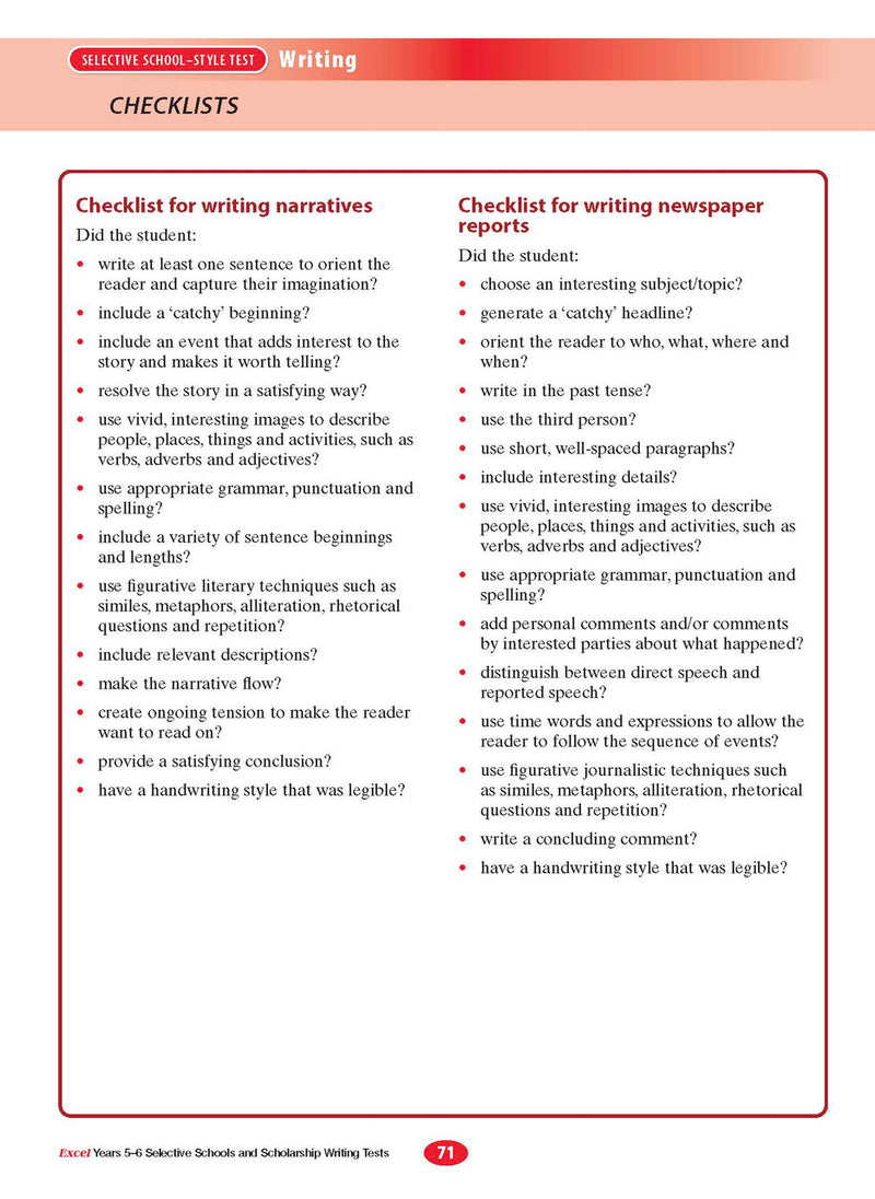 Sample interior page from the Excel Selective Schools and Scholarship Writing Tests Years 5-6 workbook showing practice test material, as shown in the Pascal Press gallery