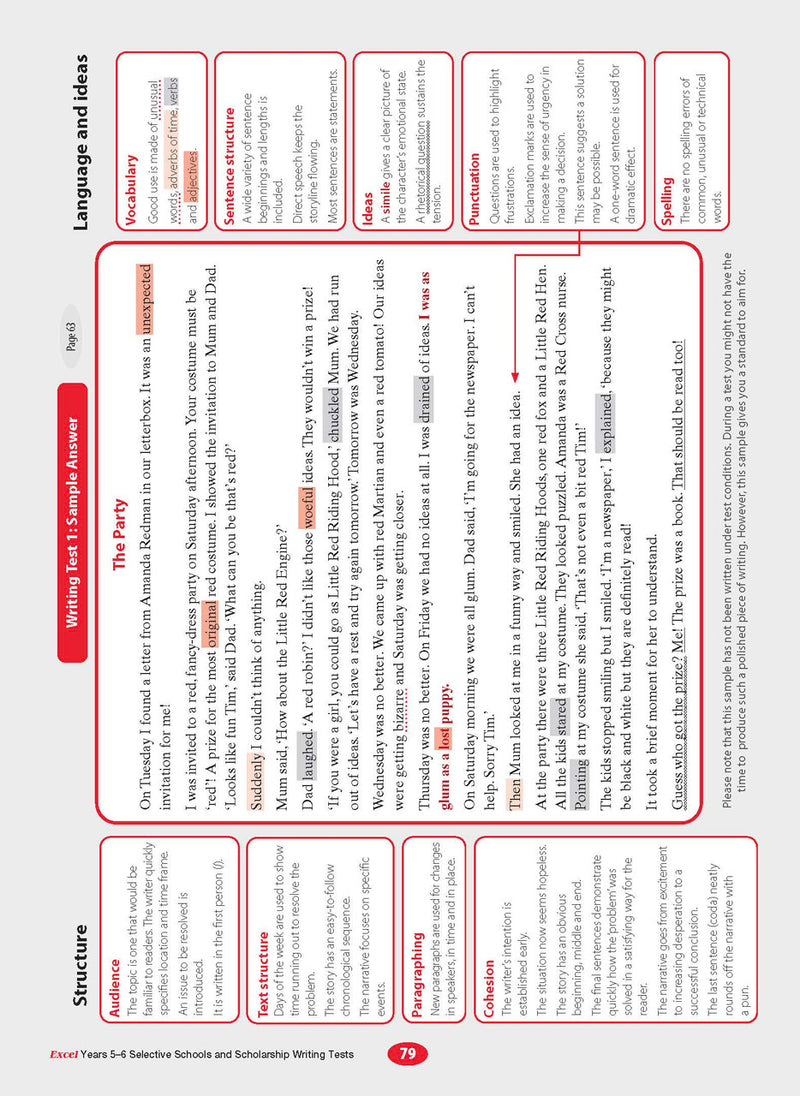 Sample interior page from the Excel Selective Schools and Scholarship Writing Tests Years 5-6 workbook showing practice test material, as shown in the Pascal Press gallery