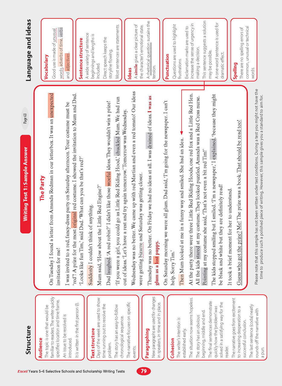 Sample interior page from the Excel Selective Schools and Scholarship Writing Tests Years 5-6 workbook showing practice test material, as shown in the Pascal Press gallery