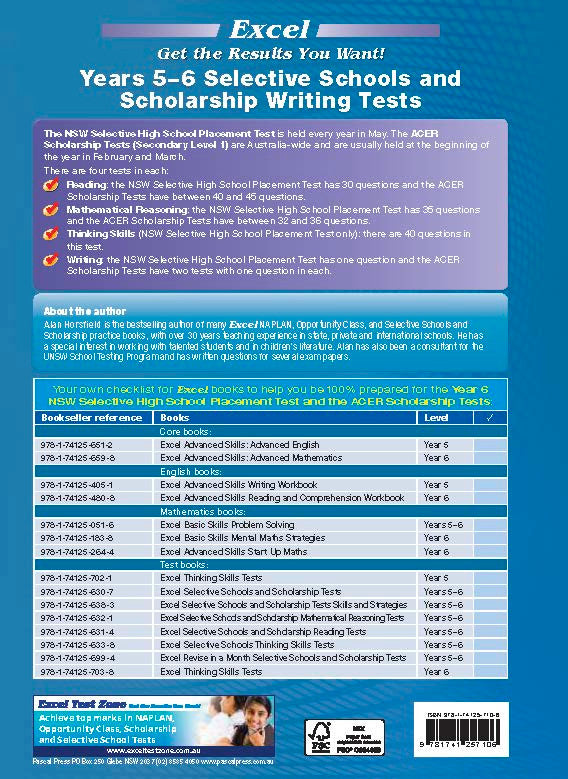 Sample interior page from the Excel Selective Schools and Scholarship Writing Tests Years 5-6 workbook showing practice test material, as shown in the Pascal Press gallery