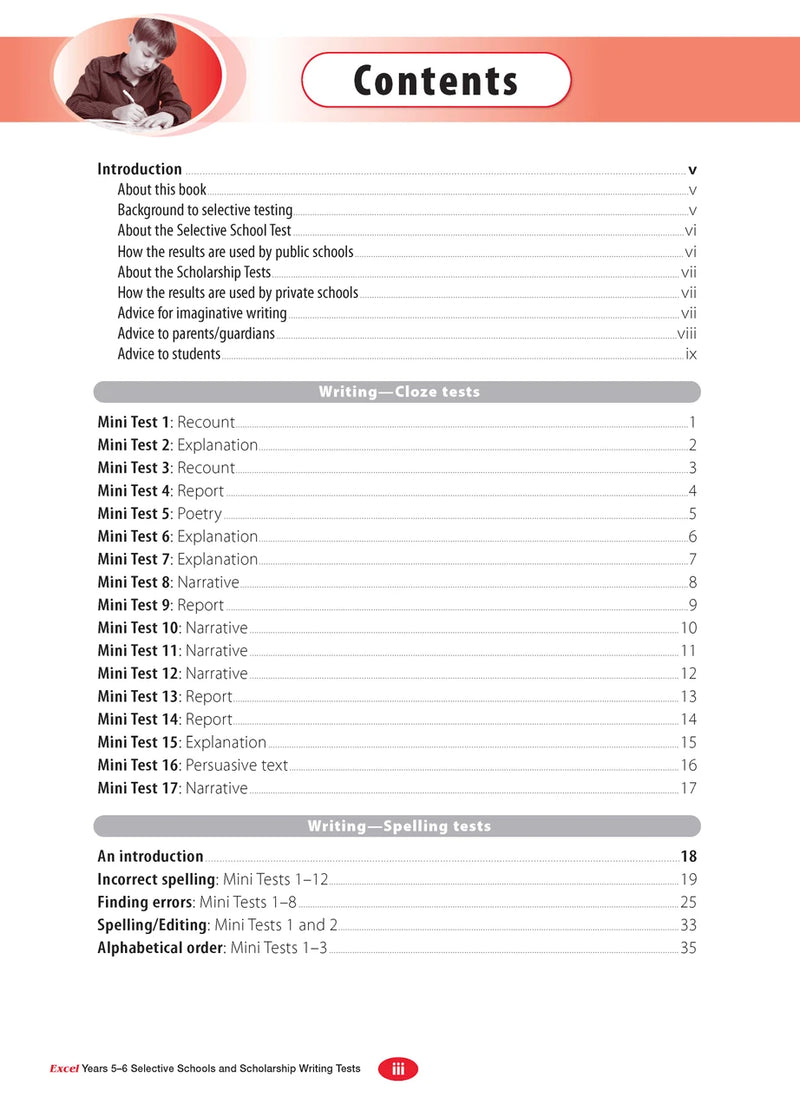 Sample interior page from the Excel Selective Schools and Scholarship Writing Tests Years 5-6 workbook showing practice test material, as shown in the Pascal Press gallery