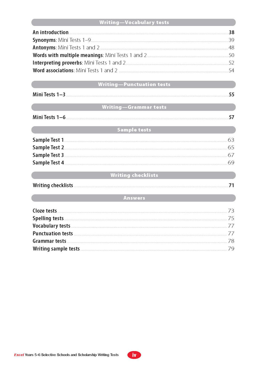 Sample interior page from the Excel Selective Schools and Scholarship Writing Tests Years 5-6 workbook showing practice test material, as shown in the Pascal Press gallery