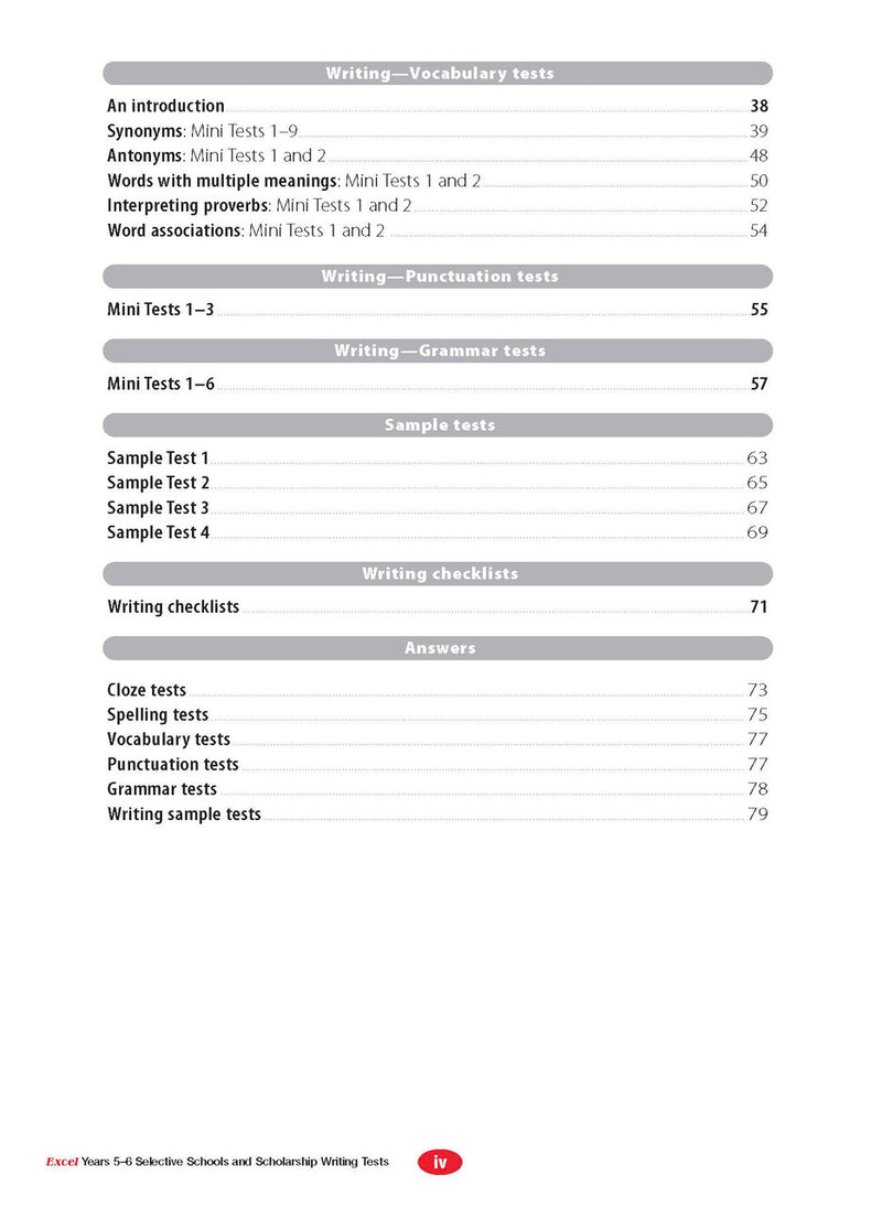 Sample interior page from the Excel Selective Schools and Scholarship Writing Tests Years 5-6 workbook showing practice test material, as shown in the Pascal Press gallery