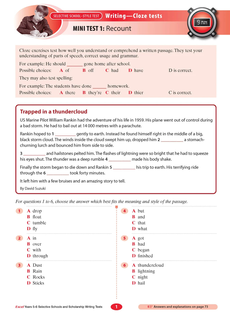 Sample interior page from the Excel Selective Schools and Scholarship Writing Tests Years 5-6 workbook showing practice test material, as shown in the Pascal Press gallery
