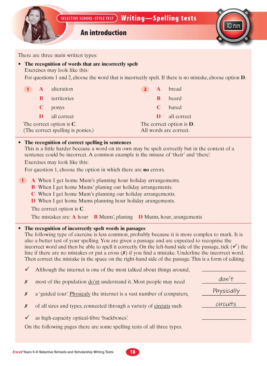 Sample interior page from the Excel Selective Schools and Scholarship Writing Tests Years 5-6 workbook showing practice test material, as shown in the Pascal Press gallery