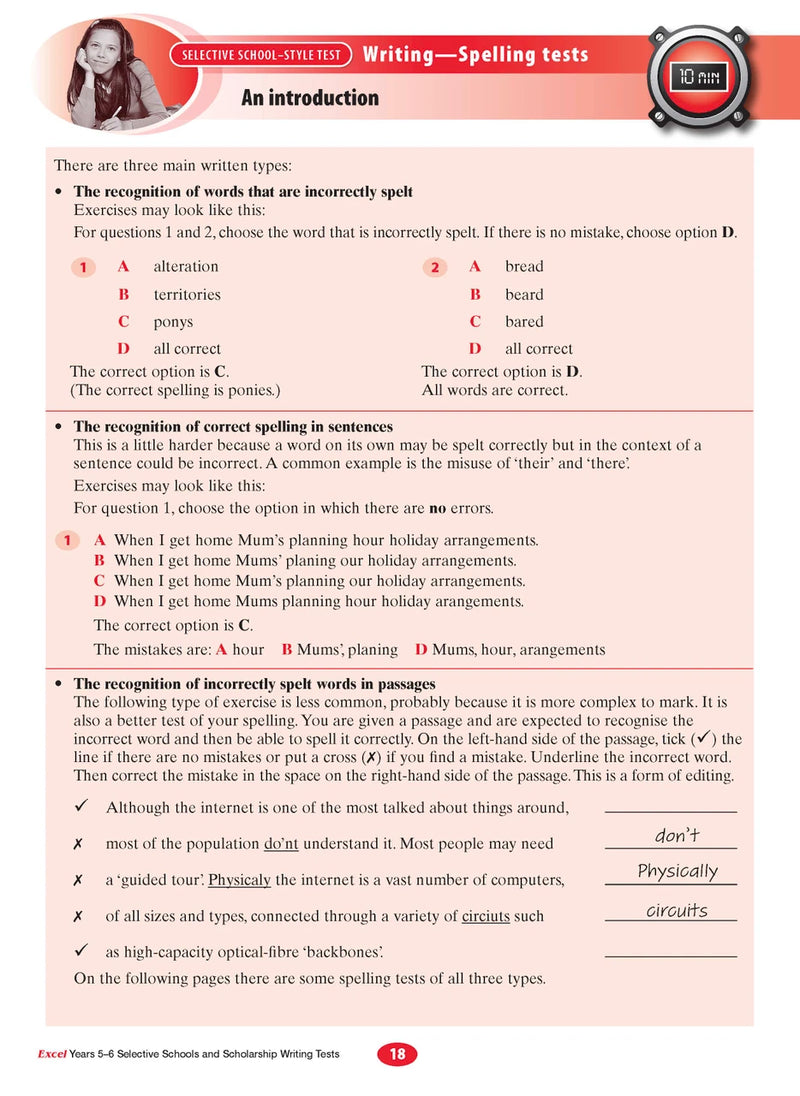 Sample interior page from the Excel Selective Schools and Scholarship Writing Tests Years 5-6 workbook showing practice test material, as shown in the Pascal Press gallery
