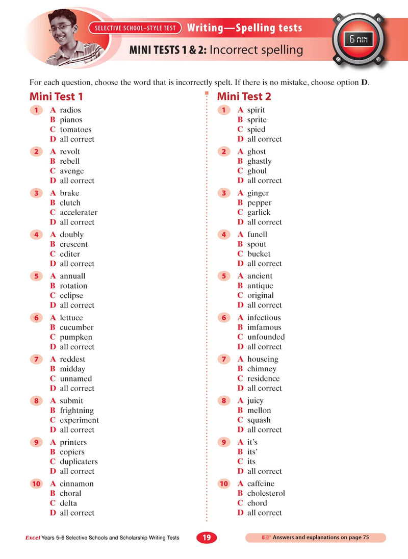 Sample interior page from the Excel Selective Schools and Scholarship Writing Tests Years 5-6 workbook showing practice test material, as shown in the Pascal Press gallery