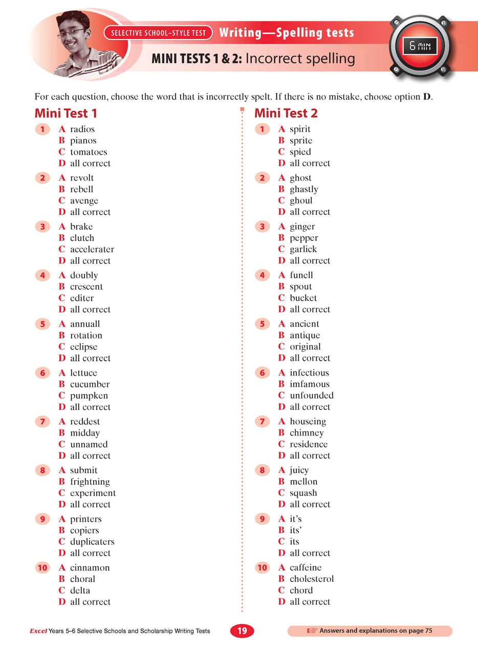 Sample interior page from the Excel Selective Schools and Scholarship Writing Tests Years 5-6 workbook showing practice test material, as shown in the Pascal Press gallery