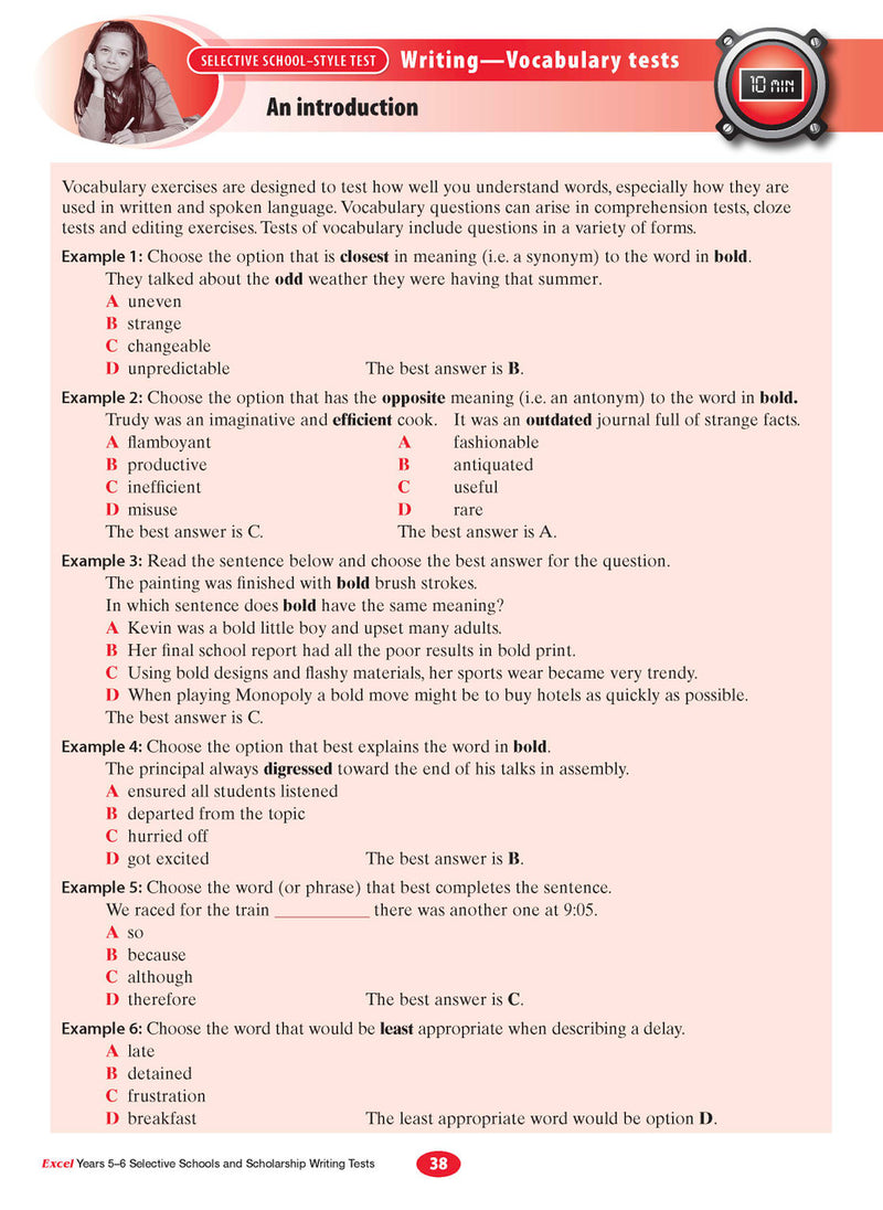 Sample interior page from the Excel Selective Schools and Scholarship Writing Tests Years 5-6 workbook showing practice test material, as shown in the Pascal Press gallery
