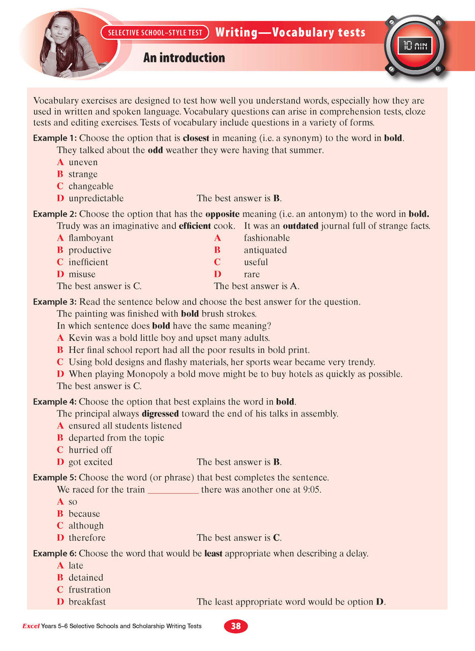 Sample interior page from the Excel Selective Schools and Scholarship Writing Tests Years 5-6 workbook showing practice test material, as shown in the Pascal Press gallery