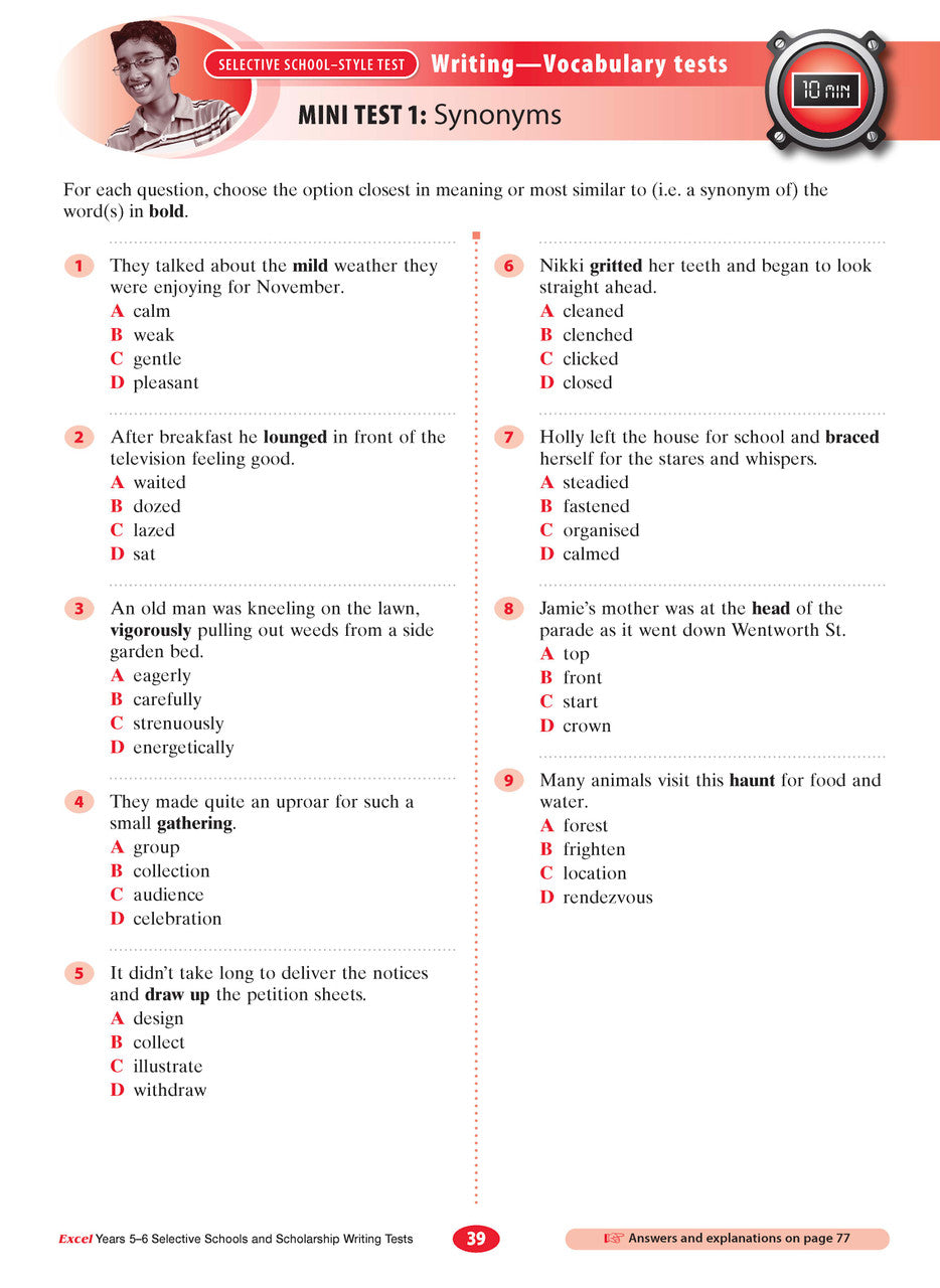 Sample interior page from the Excel Selective Schools and Scholarship Writing Tests Years 5-6 workbook showing practice test material, as shown in the Pascal Press gallery