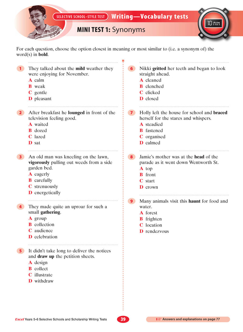 Sample interior page from the Excel Selective Schools and Scholarship Writing Tests Years 5-6 workbook showing practice test material, as shown in the Pascal Press gallery
