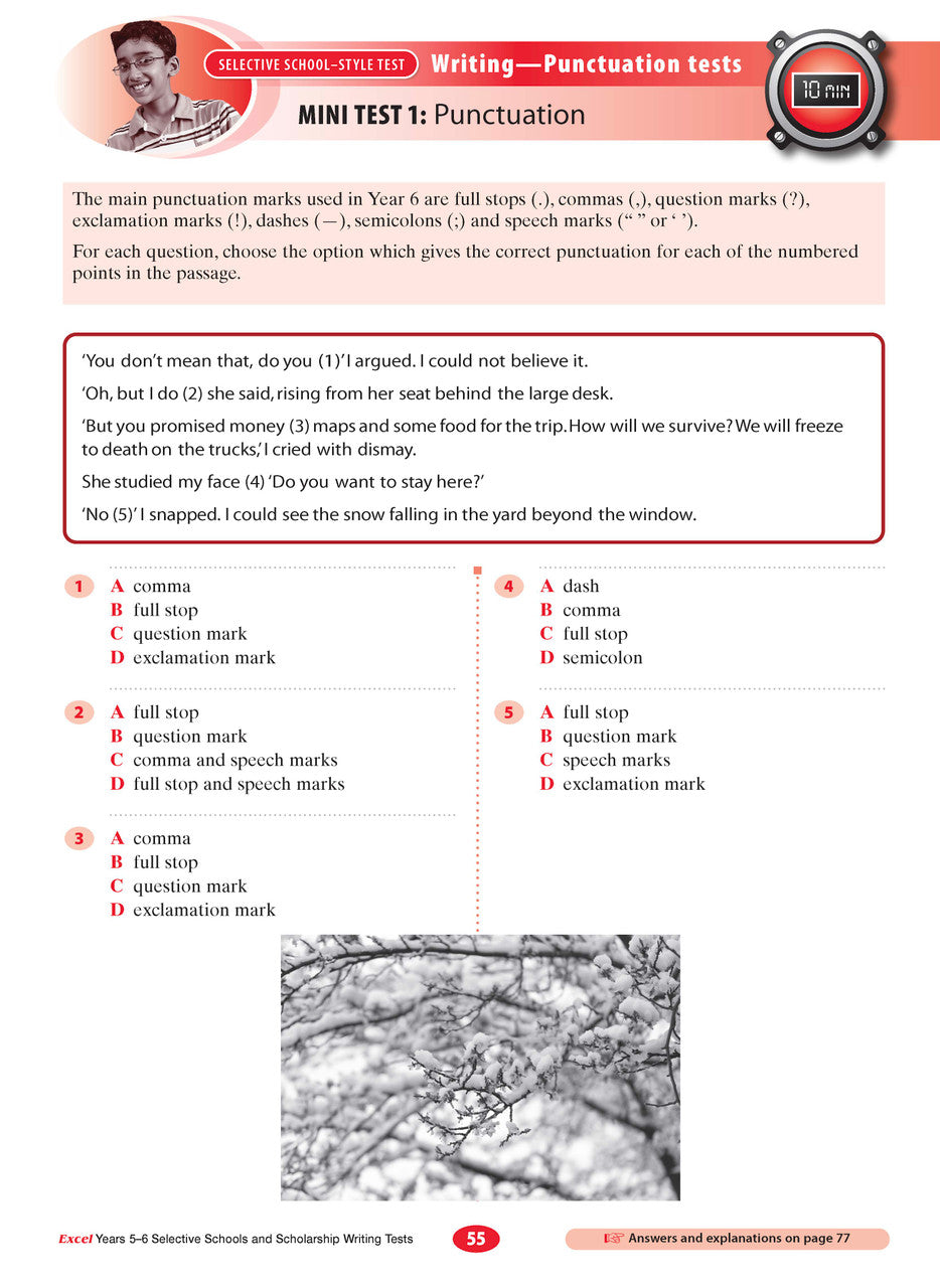 Sample interior page from the Excel Selective Schools and Scholarship Writing Tests Years 5-6 workbook showing practice test material, as shown in the Pascal Press gallery