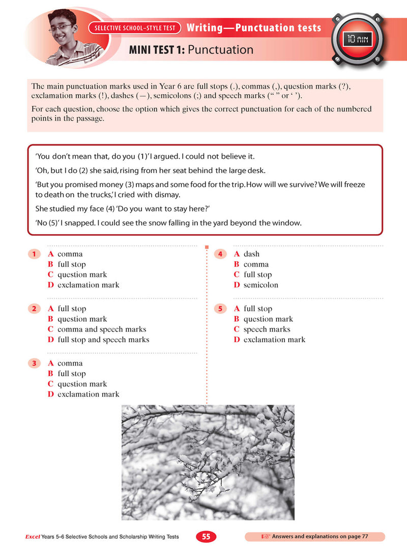 Sample interior page from the Excel Selective Schools and Scholarship Writing Tests Years 5-6 workbook showing practice test material, as shown in the Pascal Press gallery