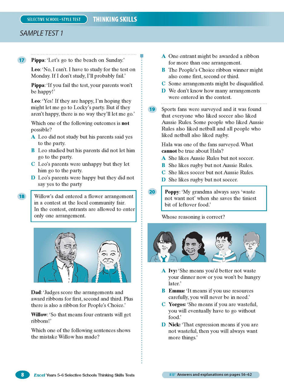 Sample interior page from the Excel Selective Schools Thinking Skills Tests Years 5-6 workbook showing practice test material, as shown in the Pascal Press gallery
