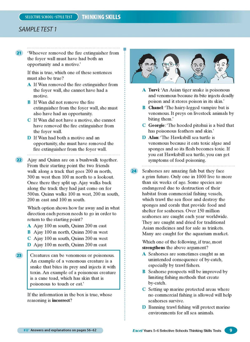 Sample interior page from the Excel Selective Schools Thinking Skills Tests Years 5-6 workbook showing practice test material, as shown in the Pascal Press gallery