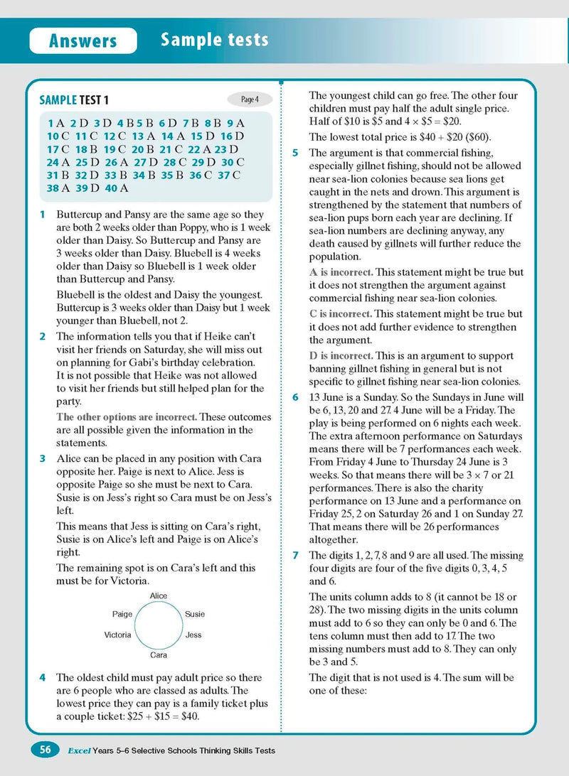 Sample interior page from the Excel Selective Schools Thinking Skills Tests Years 5-6 workbook showing practice test material, as shown in the Pascal Press gallery