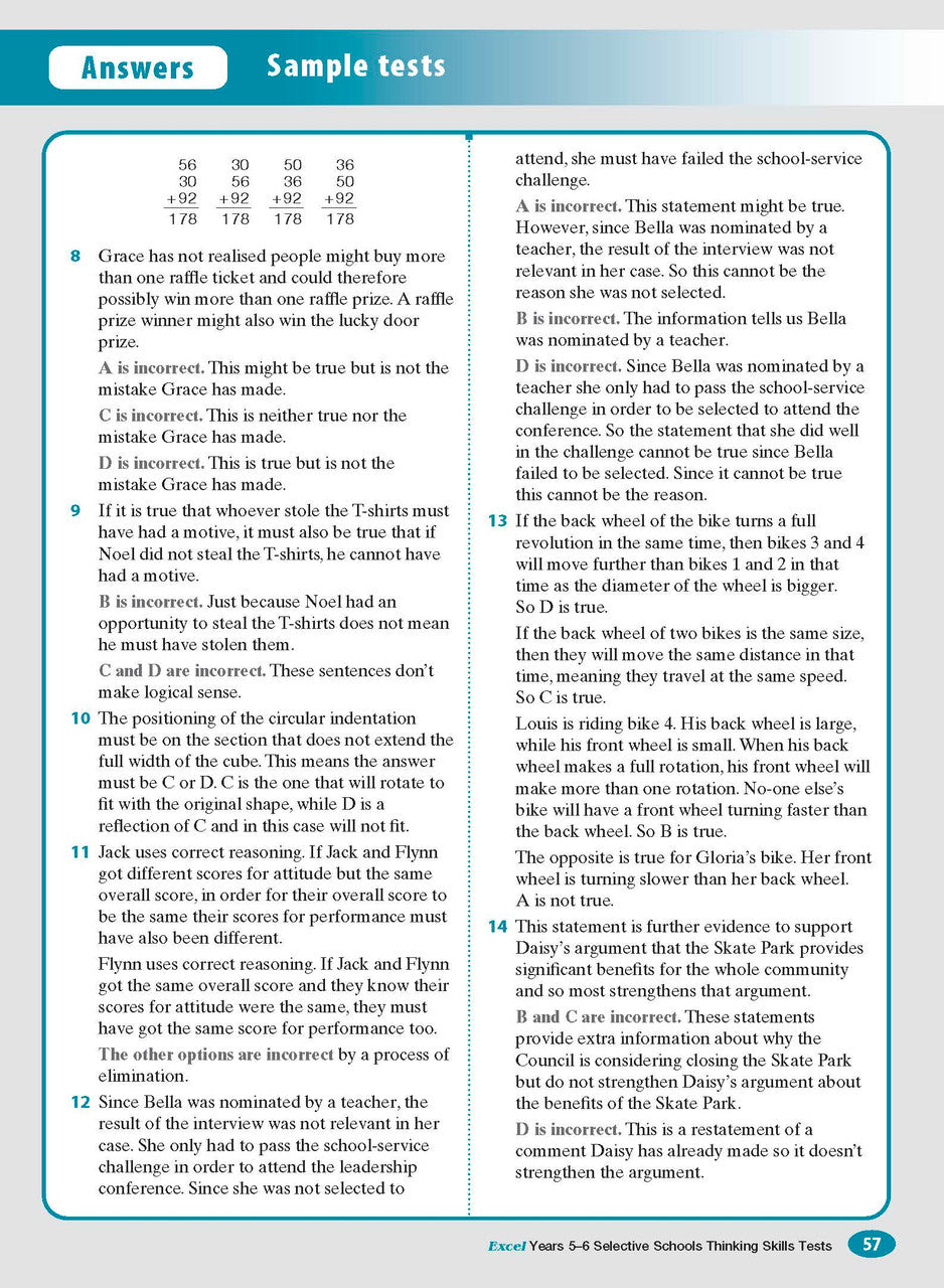 Sample interior page from the Excel Selective Schools Thinking Skills Tests Years 5-6 workbook showing practice test material, as shown in the Pascal Press gallery