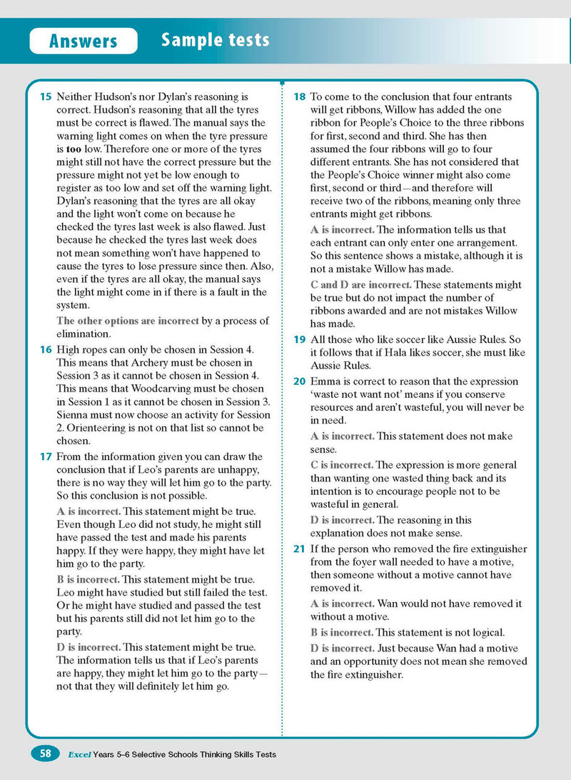Sample interior page from the Excel Selective Schools Thinking Skills Tests Years 5-6 workbook showing practice test material, as shown in the Pascal Press gallery