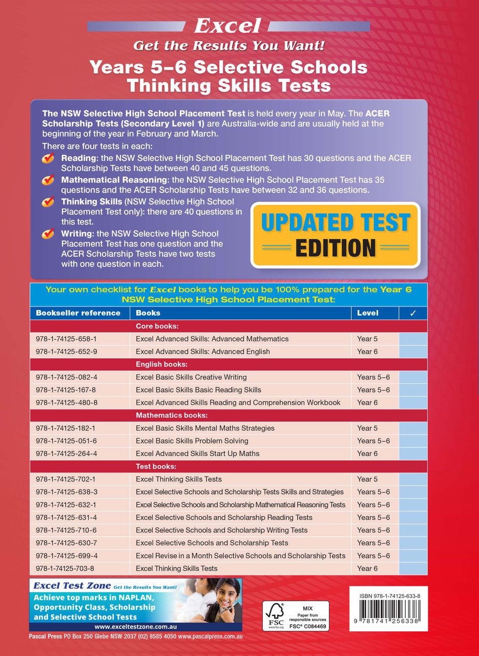 Sample interior page from the Excel Selective Schools Thinking Skills Tests Years 5-6 workbook showing practice test material, as shown in the Pascal Press gallery