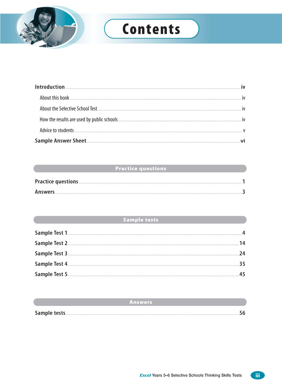 Sample interior page from the Excel Selective Schools Thinking Skills Tests Years 5-6 workbook showing practice test material, as shown in the Pascal Press gallery