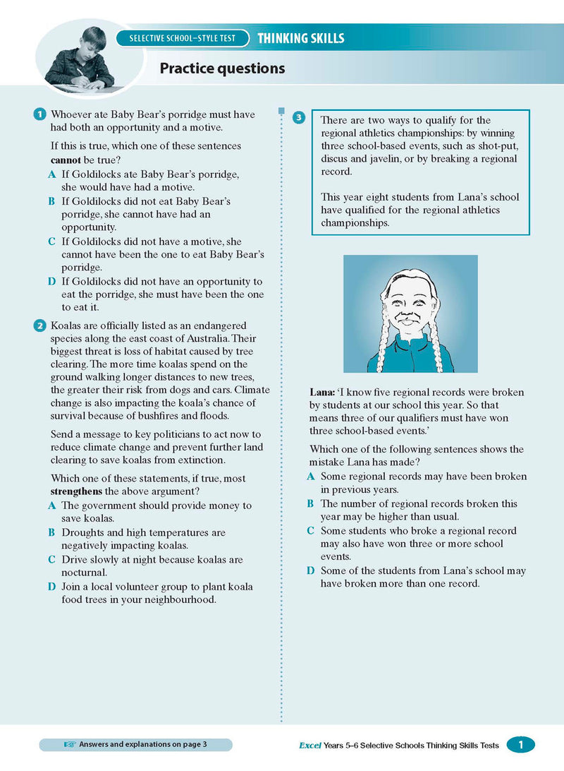 Sample interior page from the Excel Selective Schools Thinking Skills Tests Years 5-6 workbook showing practice test material, as shown in the Pascal Press gallery