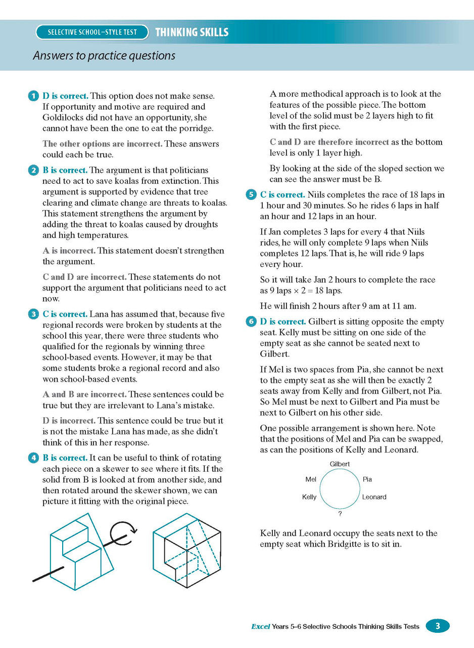 Sample interior page from the Excel Selective Schools Thinking Skills Tests Years 5-6 workbook showing practice test material, as shown in the Pascal Press gallery