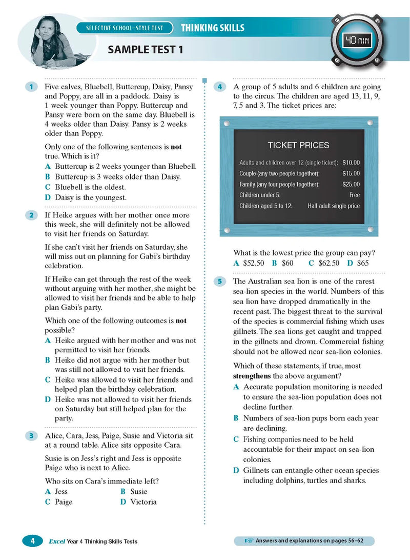 Sample interior page from the Excel Selective Schools Thinking Skills Tests Years 5-6 workbook showing practice test material, as shown in the Pascal Press gallery