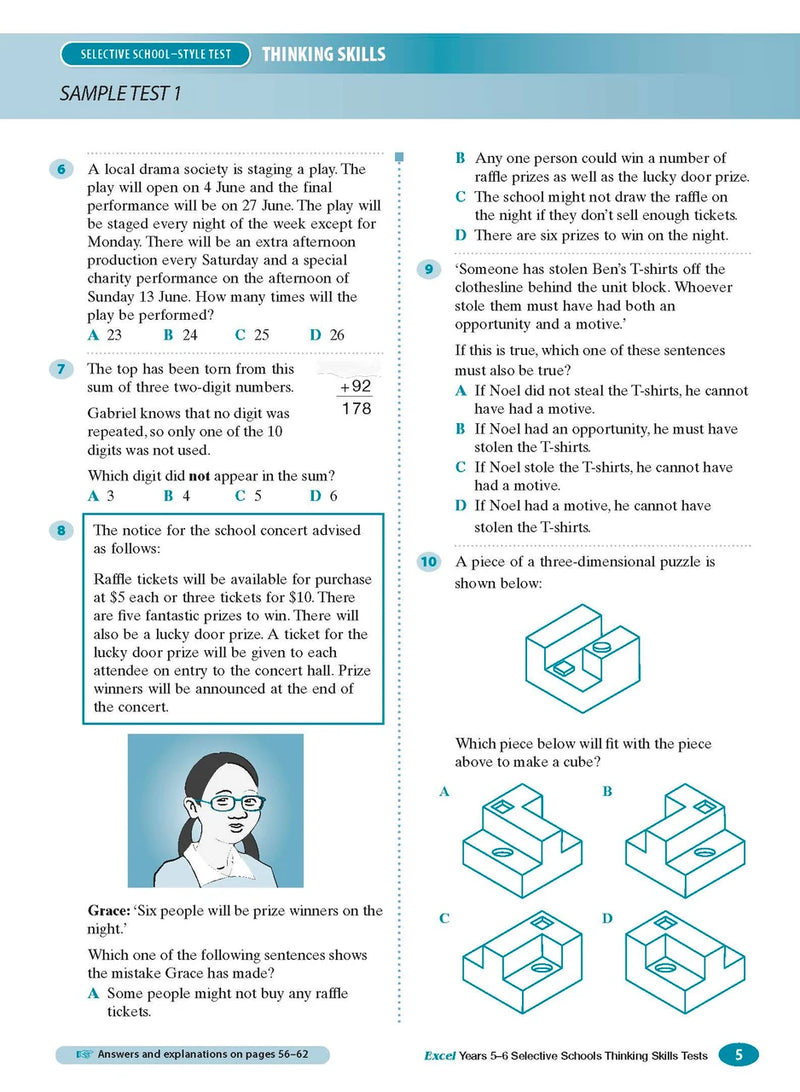 Sample interior page from the Excel Selective Schools Thinking Skills Tests Years 5-6 workbook showing practice test material, as shown in the Pascal Press gallery