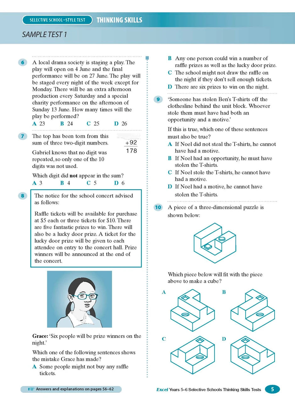 Sample interior page from the Excel Selective Schools Thinking Skills Tests Years 5-6 workbook showing practice test material, as shown in the Pascal Press gallery
