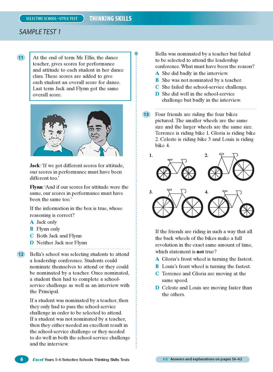 Sample interior page from the Excel Selective Schools Thinking Skills Tests Years 5-6 workbook showing practice test material, as shown in the Pascal Press gallery