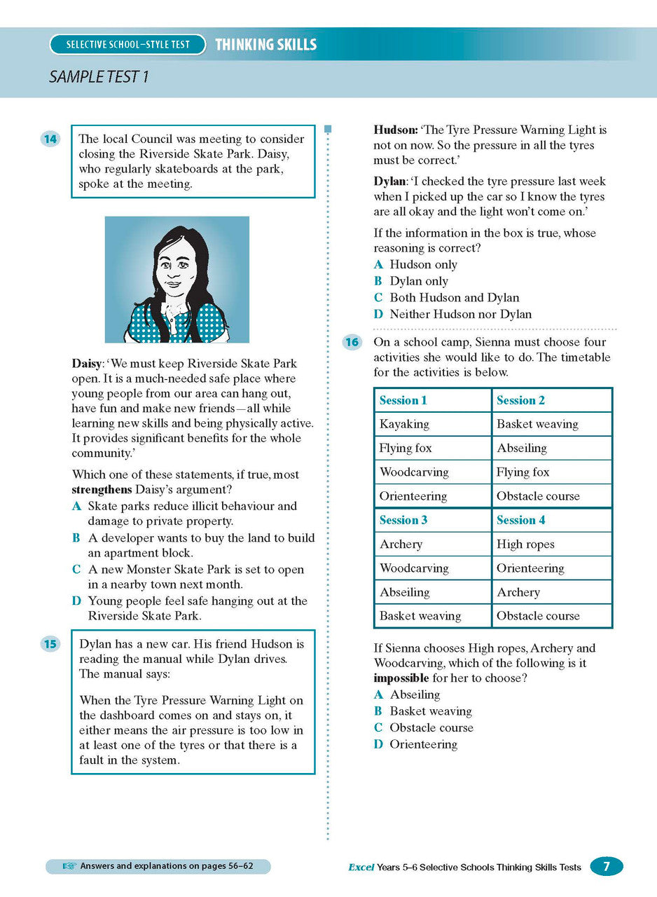 Sample interior page from the Excel Selective Schools Thinking Skills Tests Years 5-6 workbook showing practice test material, as shown in the Pascal Press gallery
