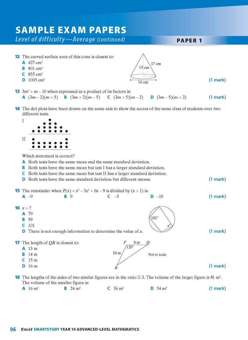 Sample interior page from the Excel SmartStudy Advanced Mathematics Year 10 book as shown in the Pascal Press product gallery