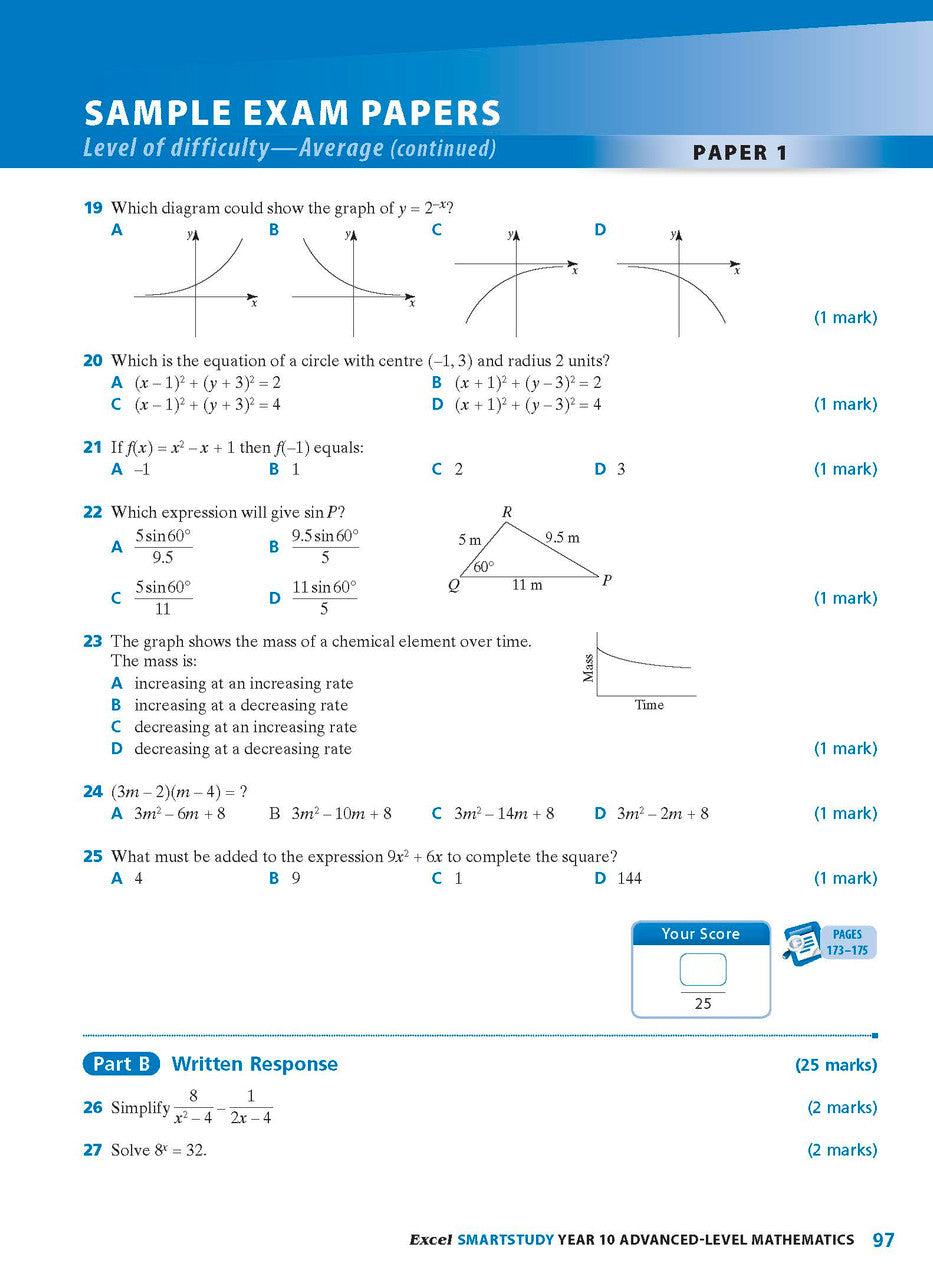 Sample interior page from the Excel SmartStudy Advanced Mathematics Year 10 book as shown in the Pascal Press product gallery