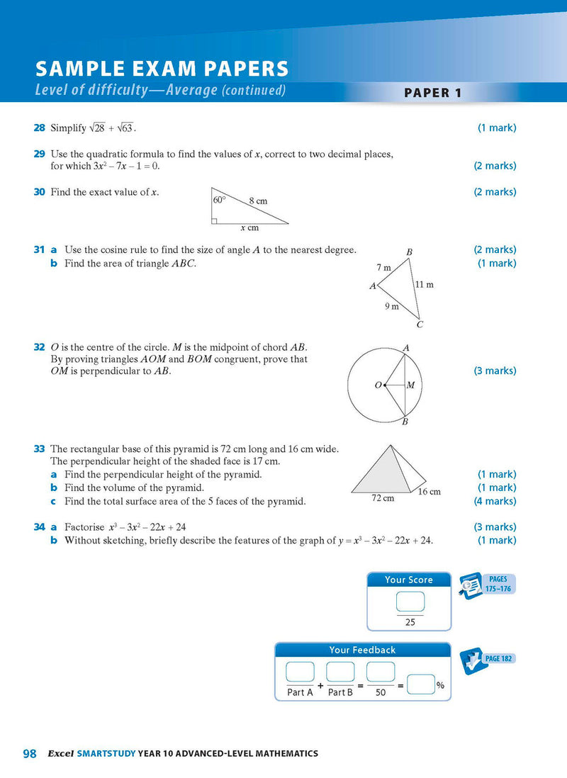 Sample interior page from the Excel SmartStudy Advanced Mathematics Year 10 book as shown in the Pascal Press product gallery