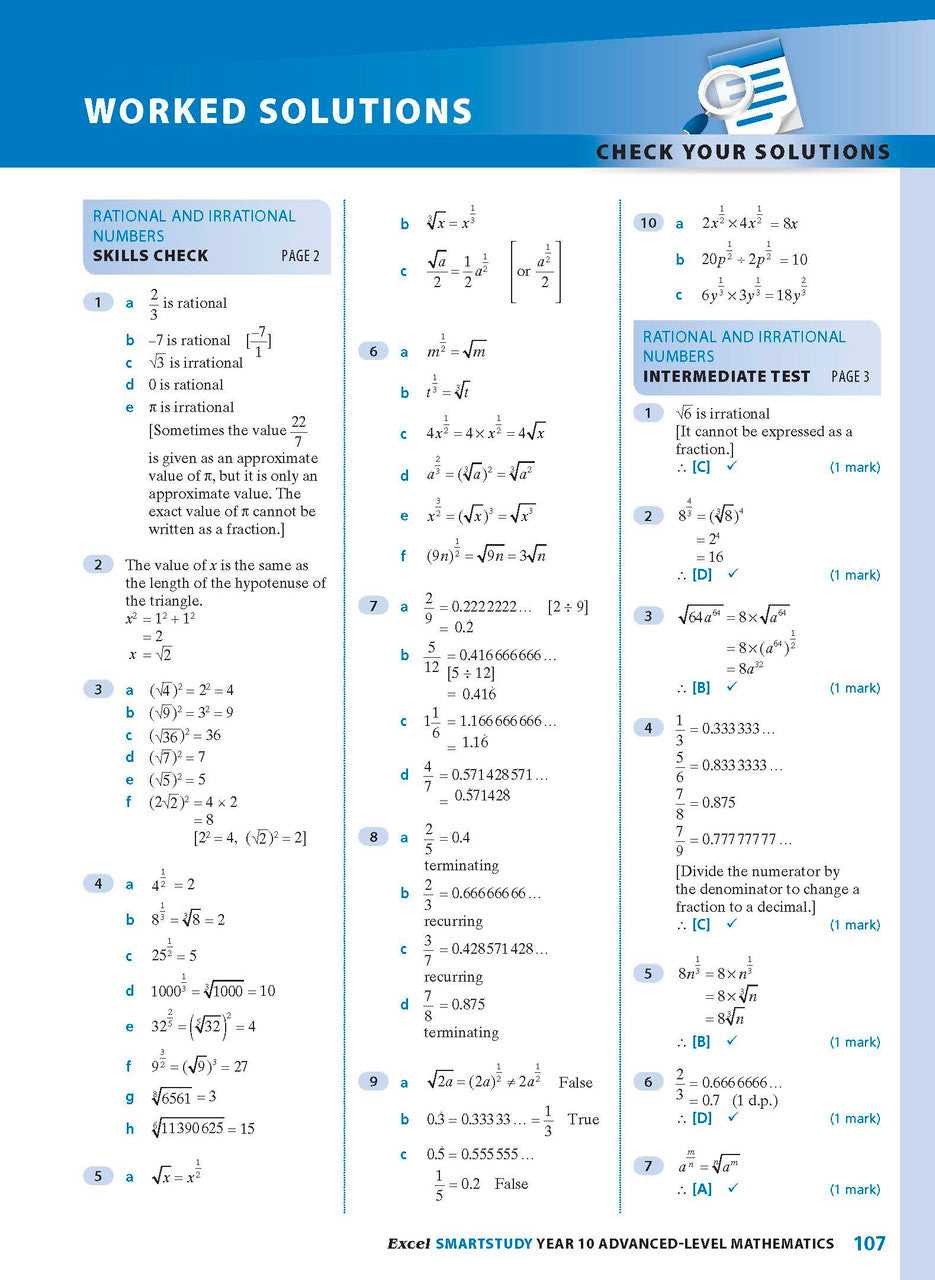 Sample interior page from the Excel SmartStudy Advanced Mathematics Year 10 book as shown in the Pascal Press product gallery