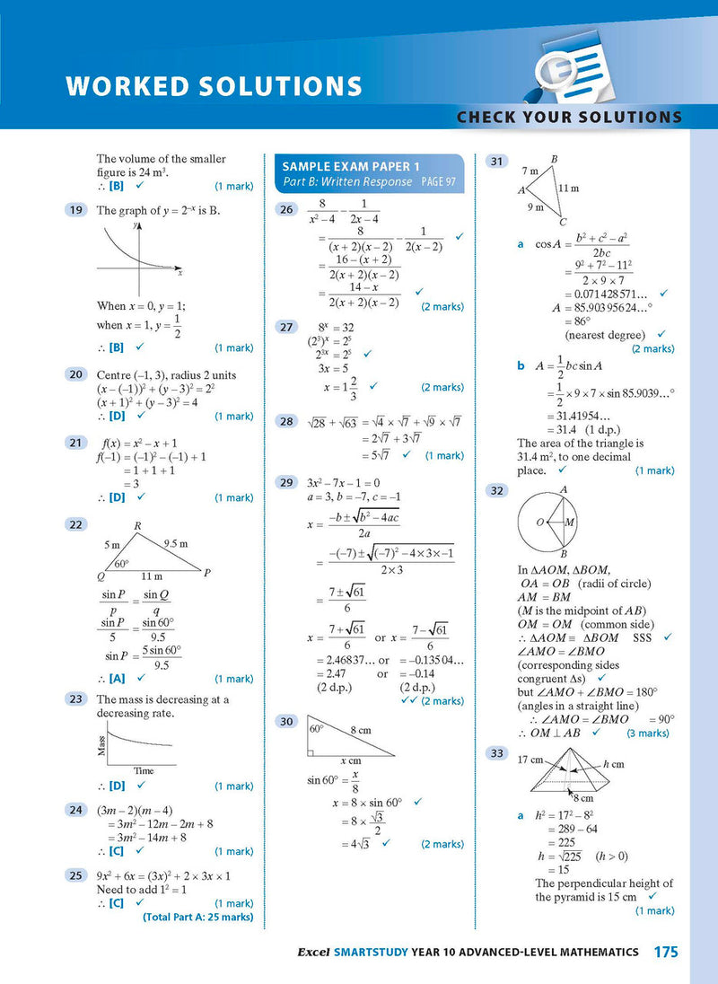 Sample interior page from the Excel SmartStudy Advanced Mathematics Year 10 book as shown in the Pascal Press product gallery