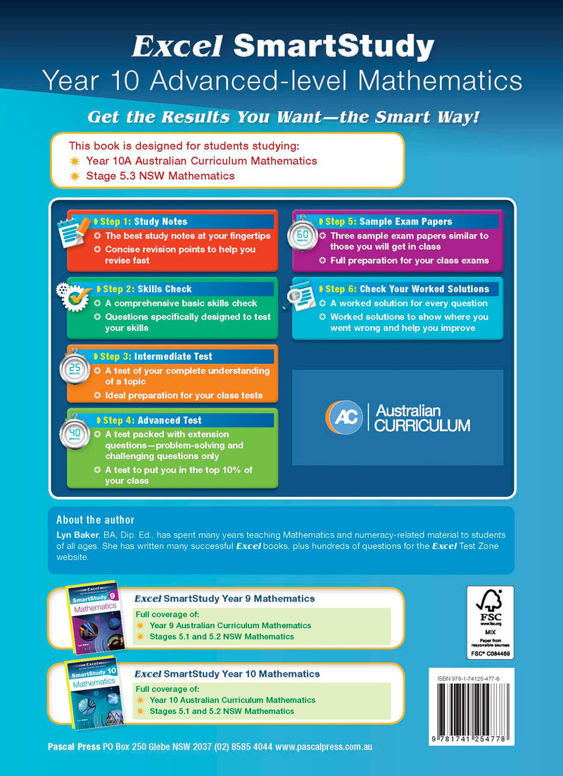 Sample interior page from the Excel SmartStudy Advanced Mathematics Year 10 book as shown in the Pascal Press product gallery