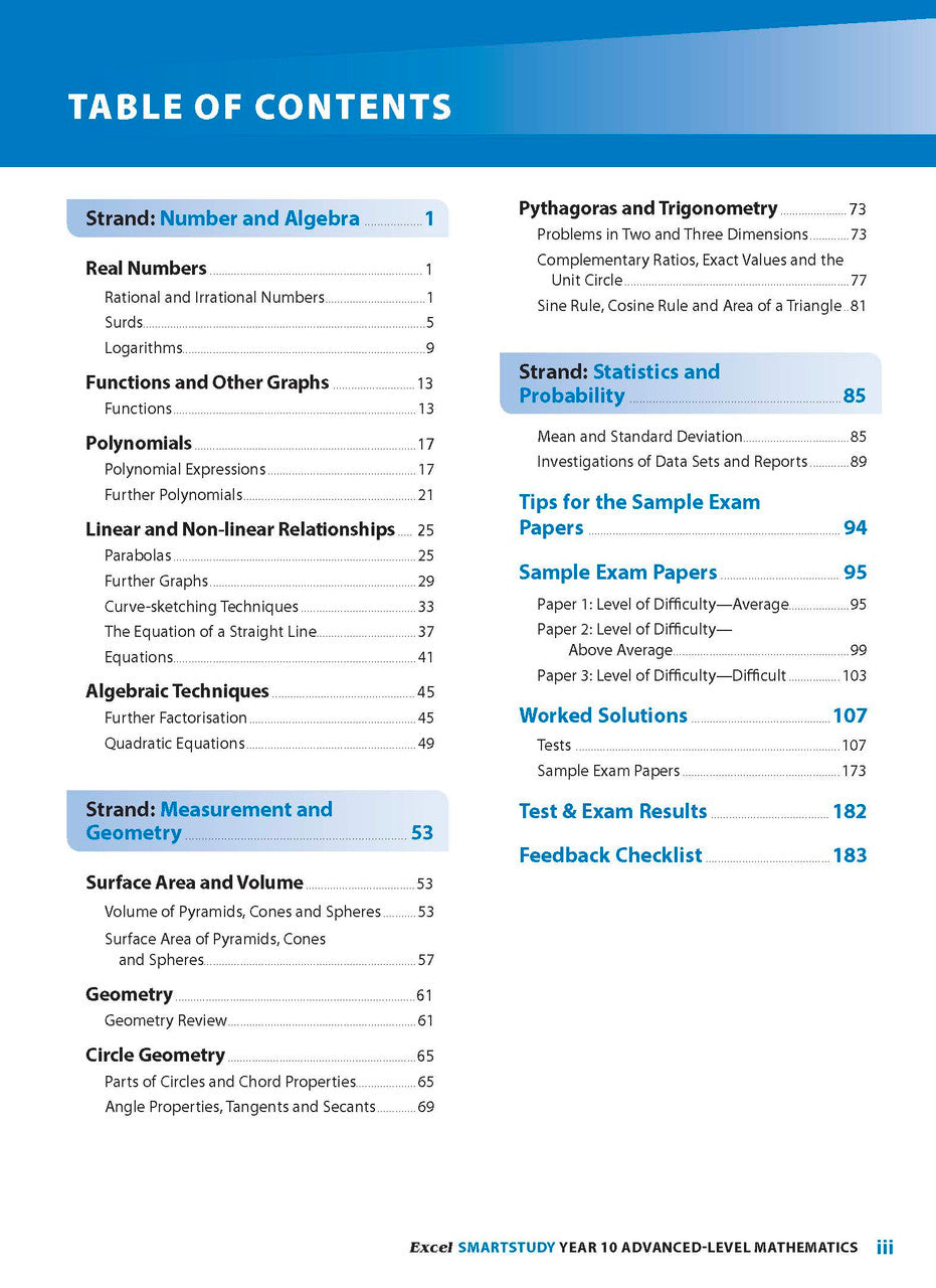 Sample interior page from the Excel SmartStudy Advanced Mathematics Year 10 book as shown in the Pascal Press product gallery