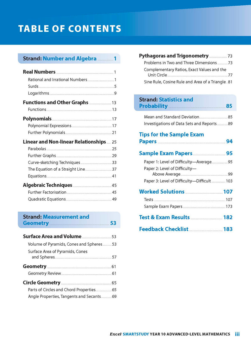 Sample interior page from the Excel SmartStudy Advanced Mathematics Year 10 book as shown in the Pascal Press product gallery