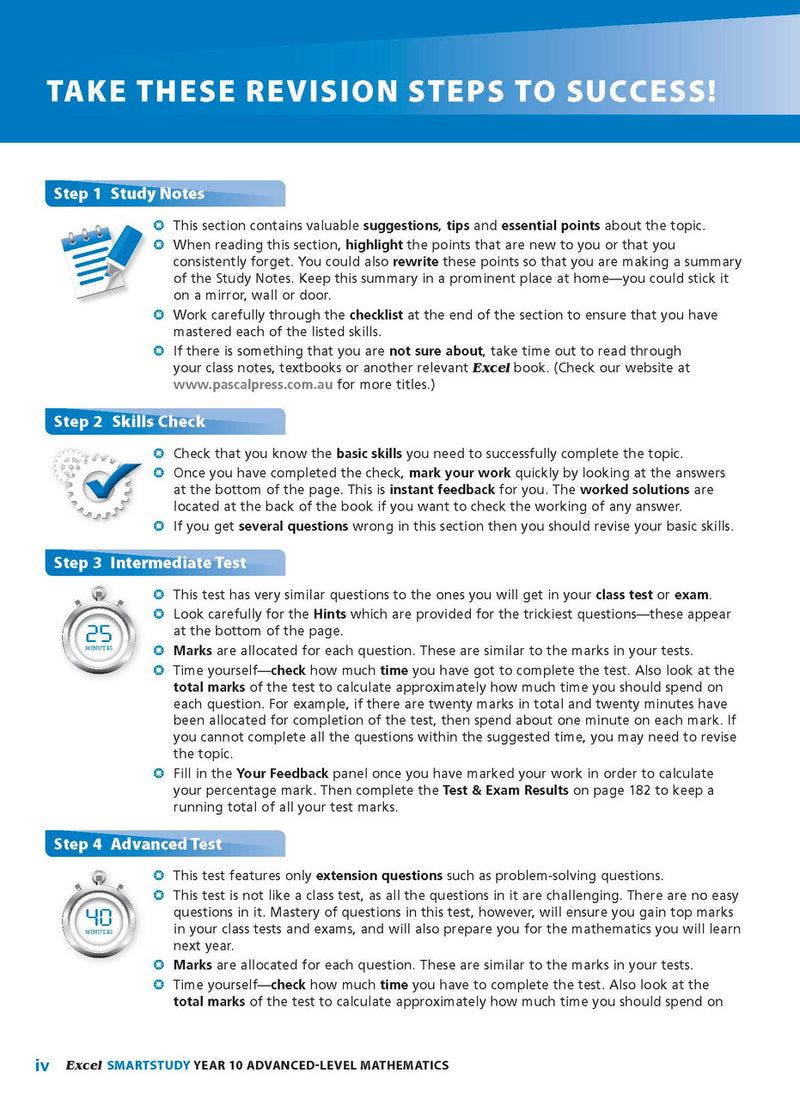 Sample interior page from the Excel SmartStudy Advanced Mathematics Year 10 book as shown in the Pascal Press product gallery