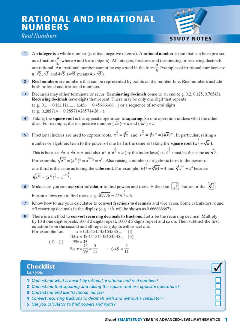 Sample interior page from the Excel SmartStudy Advanced Mathematics Year 10 book as shown in the Pascal Press product gallery