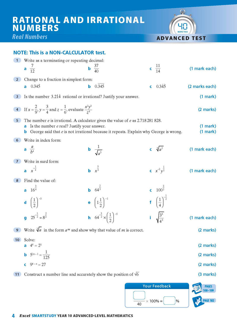Sample interior page from the Excel SmartStudy Advanced Mathematics Year 10 book as shown in the Pascal Press product gallery