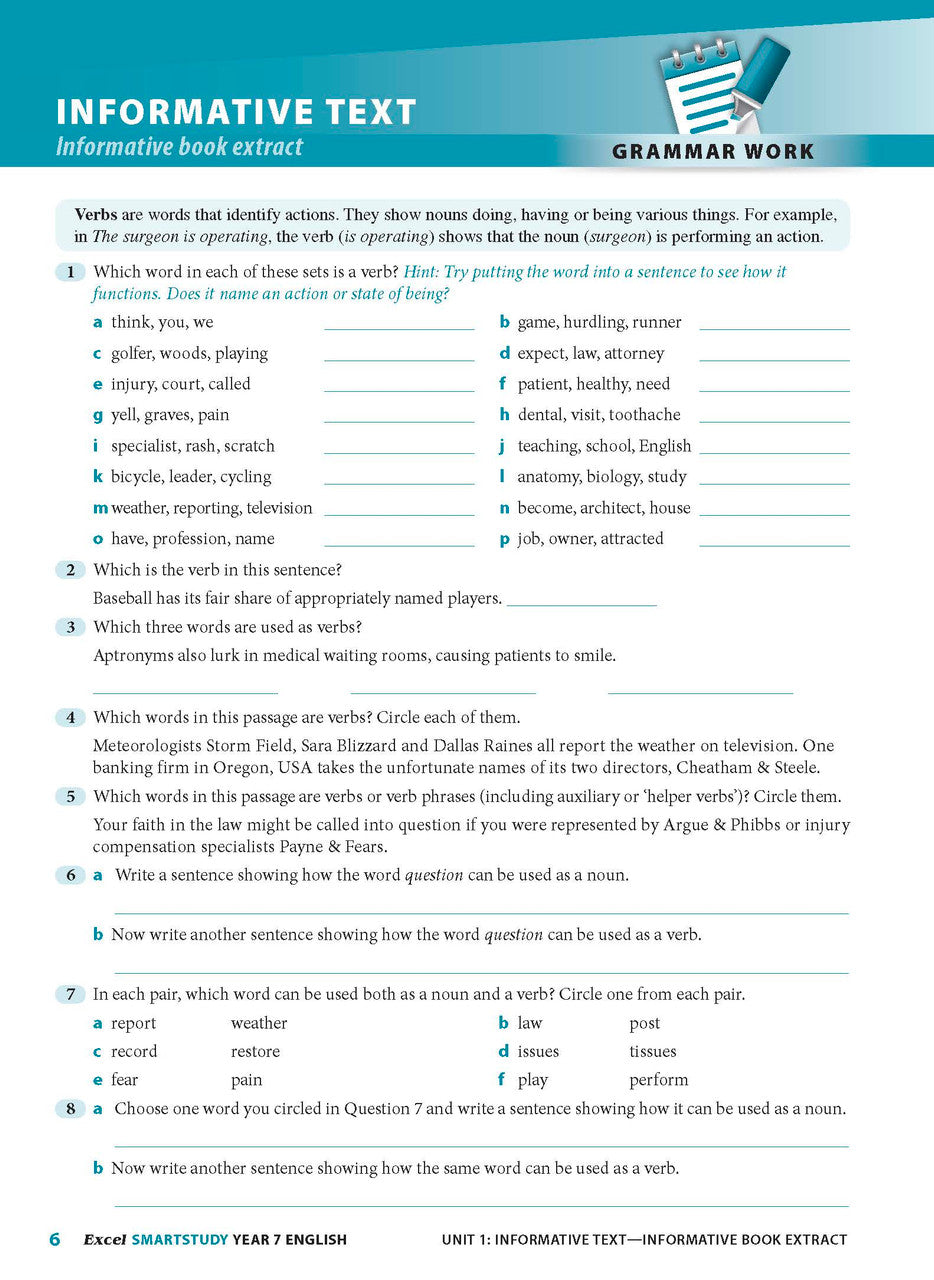 Sample interior page from the Excel SmartStudy English Year 7 workbook as shown in the Pascal Press gallery