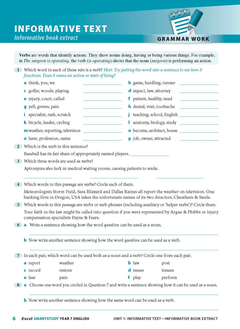 Sample interior page from the Excel SmartStudy English Year 7 workbook as shown in the Pascal Press gallery