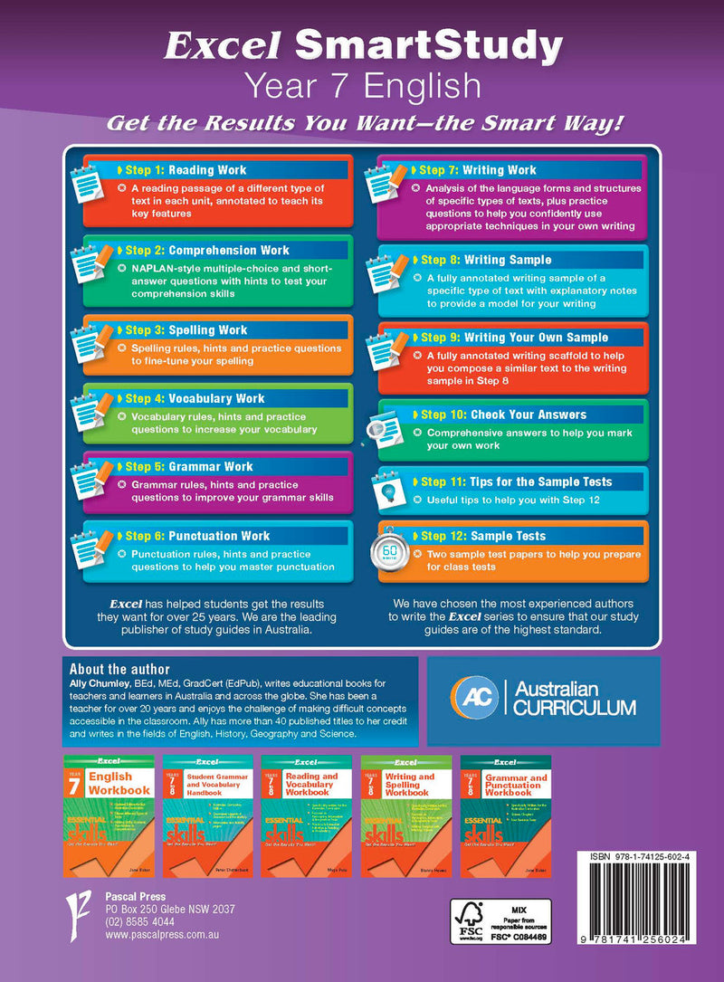 Back cover of the Excel SmartStudy English Year 7 workbook as shown in the Pascal Press gallery