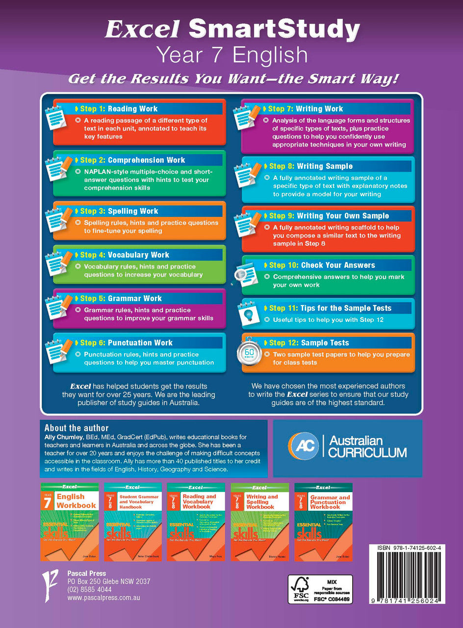 Back cover of the Excel SmartStudy English Year 7 workbook as shown in the Pascal Press gallery